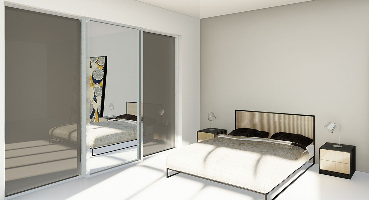 soveromsgarderobe med skyvedører med speil og glass