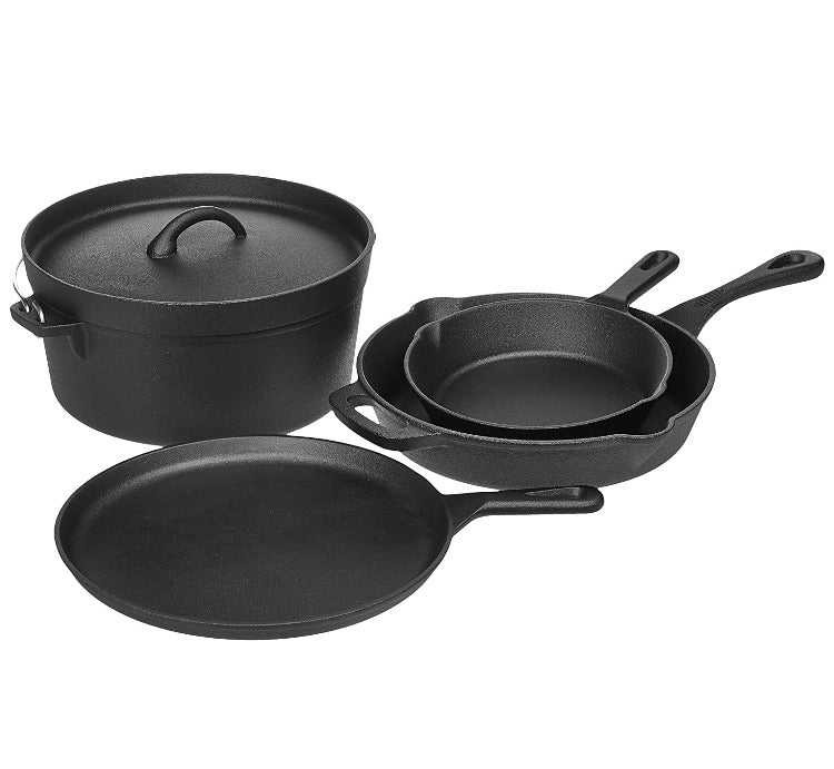 Seasoned Cast Iron 5-Piece Kitchen Cookware Set, Pots and Pans